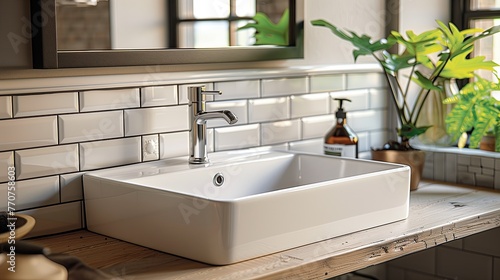 White sink on wooden counter in bathroom with plant