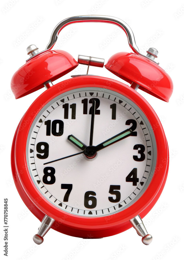 Vibrant red alarm clock with bell on top png on transparent background Vibrant red alarm clock with bell on top png on transparent background