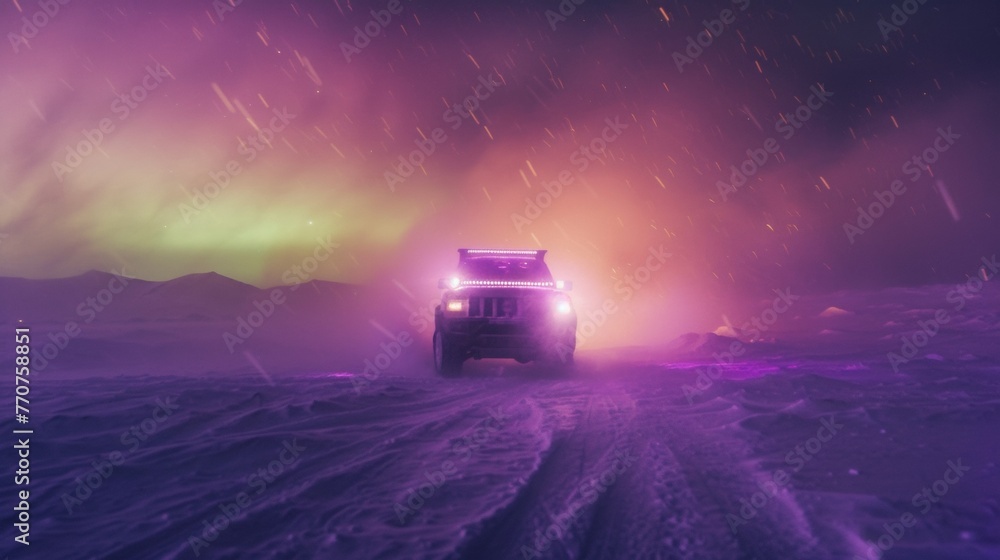 Sports car in snow field with beautiful aurora northern lights in night sky with snow forest in winter. Sports car in snow field with beautiful aurora northern lights in night sky with snow forest in winter.