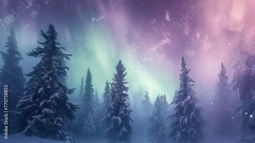 Beautiful aurora northern lights in night sky with snow forest in winter. © rabbit75_fot