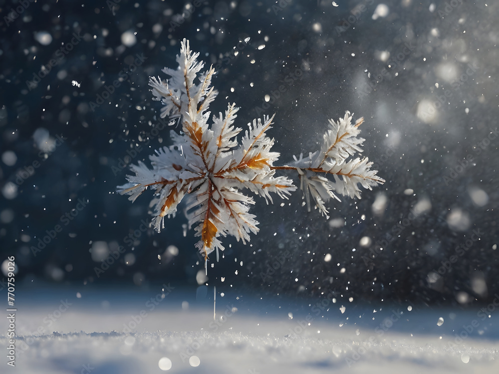 Snowfall in the forest, close-up of a branch generated by ai Snowfall in the forest, close-up of a branch generated by ai