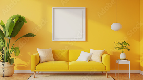 Sala de estar colorida com cores vibrantes com um quadro em branco no fundo - mockup photo