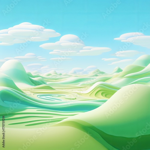 illustration of green sand desert with blue sky and clouds, Generative ai