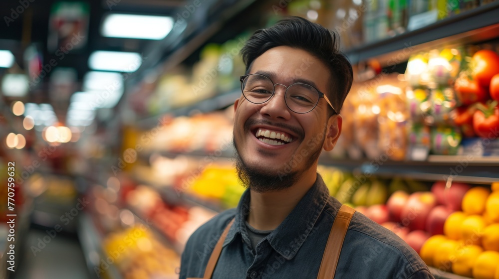 Portrait of smiling friendly employee worker in a grocery store. Portrait of smiling friendly employee worker in a grocery store.