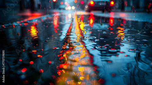 The car is navigating the wet city streets at night, with reflections of street lights on the asphalt road surface, illuminating the metropolis with automotive lighting