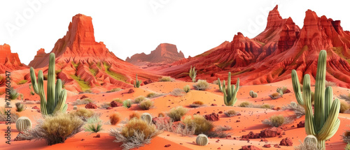 Panoramic desert landscape with cacti at sunset png on transparent background