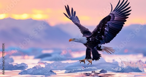 Eagle Drifting on Ice Amidst Serene Seascape