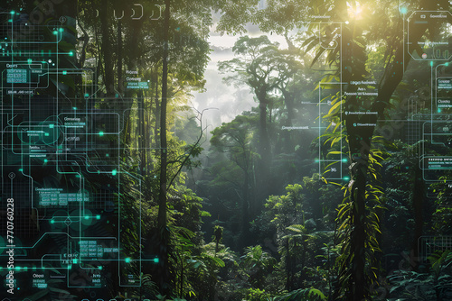 Lush Forest with Carbon Credit Tech Overlay