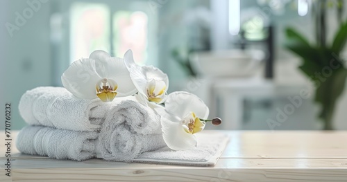 Vintage Drawer, Spa Towels, and Orchid Flowers in a Softened Bathroom Scene