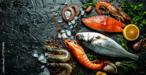 Assorted Fresh Fish and Seafood on Black Rustic Background