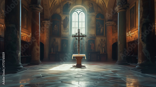 Bathed in divine light, a cross stands solemnly at the altar of a church, casting shadows of faith and spirituality as sunlight streams through stained-glass windows photo