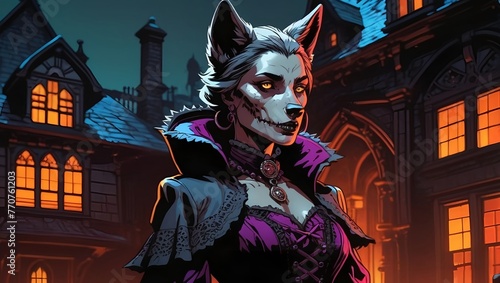 anthropomorphic wolf woman wearing a gothic gown victorian house environment photo
