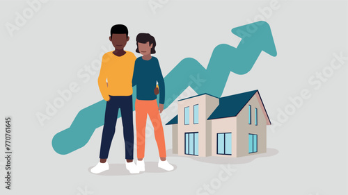 Adob Vector illustration of a couple standing in front of their house with an ascending stock market curve in the background - property concept e Illustrator Artwork