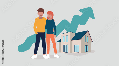 Adob Vector illustration of a couple standing in front of their house with an ascending stock market curve in the background - property concept e Illustrator Artwork