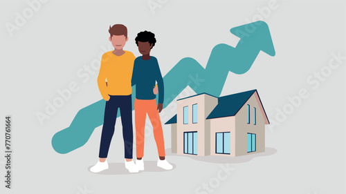 Adob Vector illustration of a couple standing in front of their house with an ascending stock market curve in the background - property concept e Illustrator Artwork
