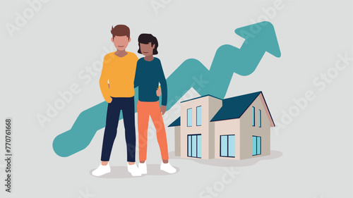 Adob Vector illustration of a couple standing in front of their house with an ascending stock market curve in the background - property concept e Illustrator Artwork