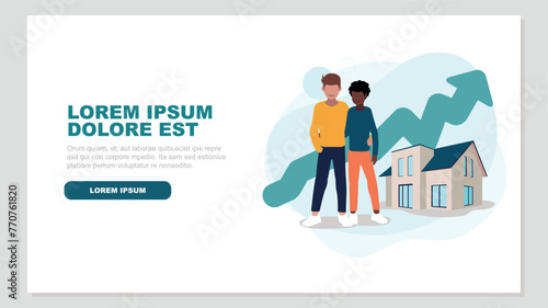 Adob Vector illustration of a couple standing in front of their house with an ascending stock market curve in the background - property concept e Illustrator Artwork