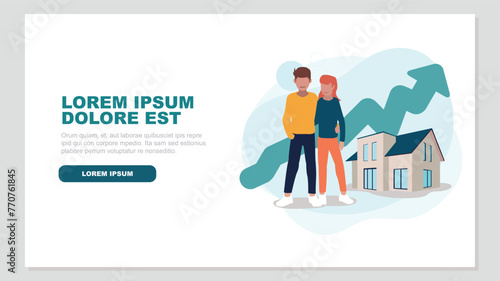 Adob Vector illustration of a couple standing in front of their house with an ascending stock market curve in the background - property concept e Illustrator Artwork