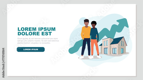 Adob Vector illustration of a couple standing in front of their house with an ascending stock market curve in the background - property concept e Illustrator Artwork