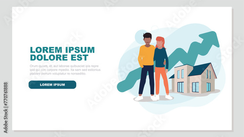 Adob Vector illustration of a couple standing in front of their house with an ascending stock market curve in the background - property concept e Illustrator Artwork