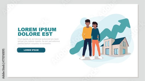 Adob Vector illustration of a couple standing in front of their house with an ascending stock market curve in the background - property concept e Illustrator Artwork