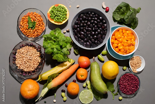 Concept of healthy food Fresh fruits, vegetables, and legumes against a black backdrop - 49