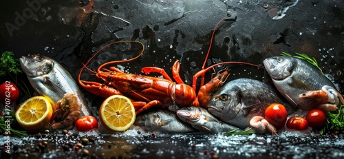 Vibrant Fresh Fish and Seafood Set Against Rustic Black Backdrop
