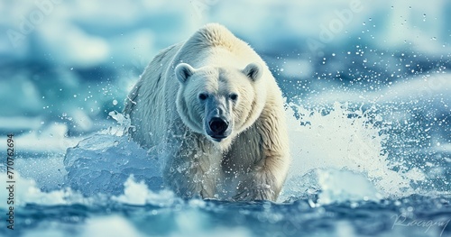 Polar Bear Shaking Off Water Drops on Drifting Icy Terrain