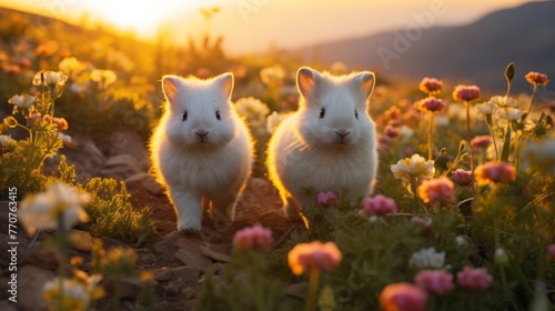 Two White Rabbits Standing in a Field of Flowers © Karlaage