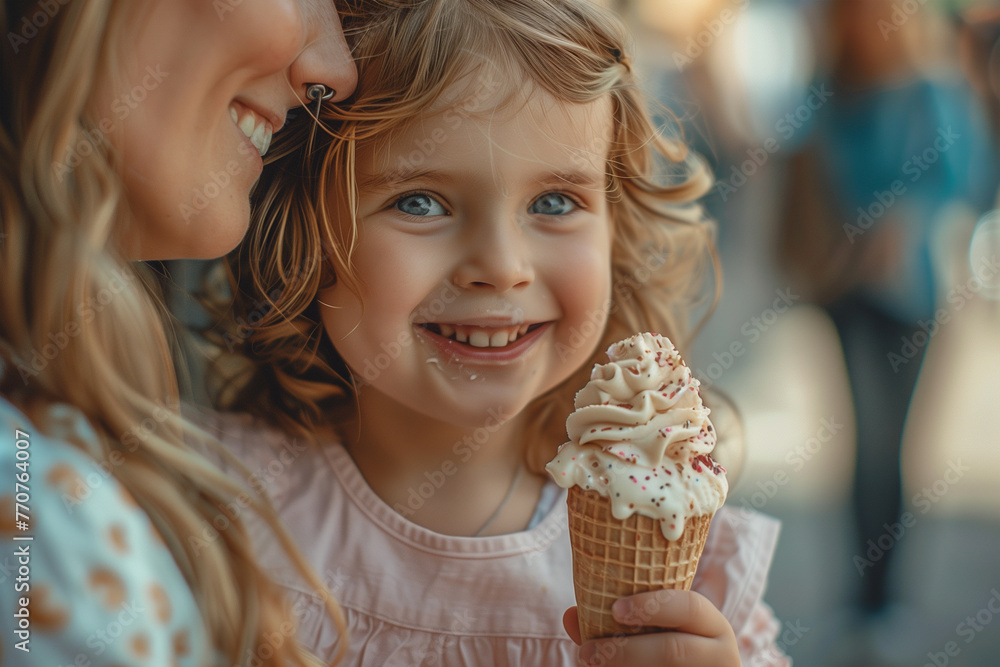 Woman and Girl Enjoying Ice Cream Together Woman and Girl Enjoying Ice Cream Together