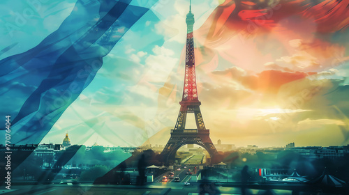 Eiffel Tower in Paris, France. Double exposure. Travel and tourism concept. Ai generative.