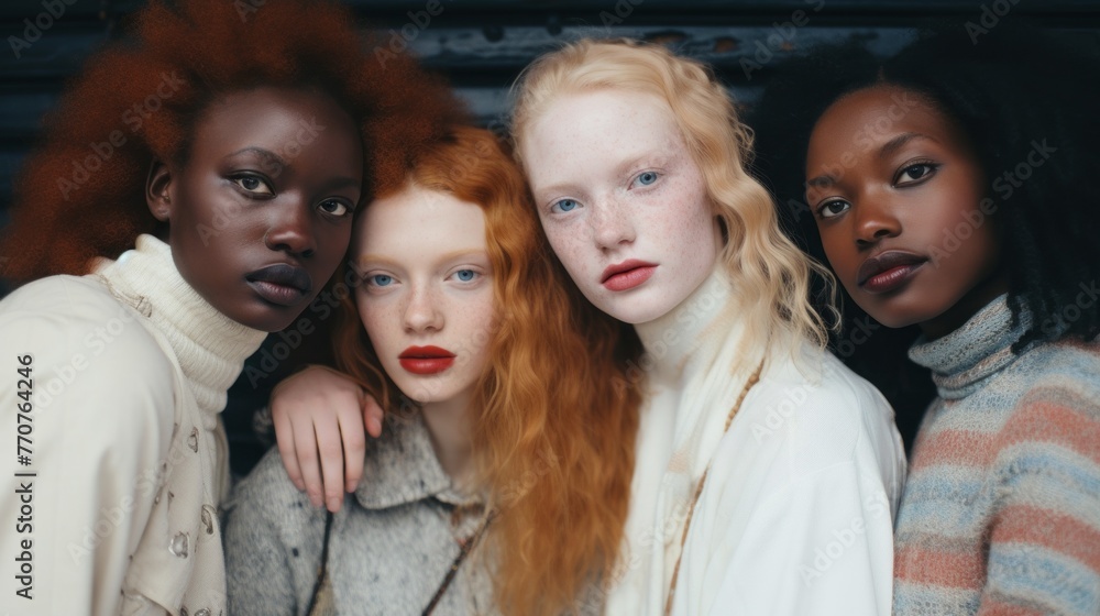 Four women with different hair colors and styles pose for a photo Four women with different hair colors and styles pose for a photo