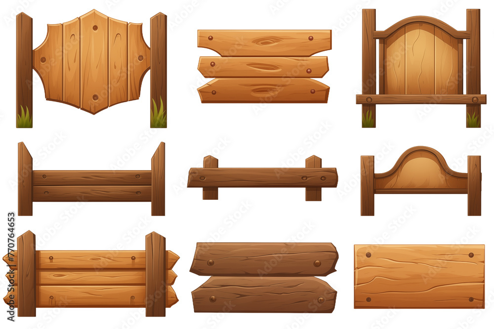 A collection of various wooden sign boards isolated on white background A collection of various wooden sign boards isolated on white background
