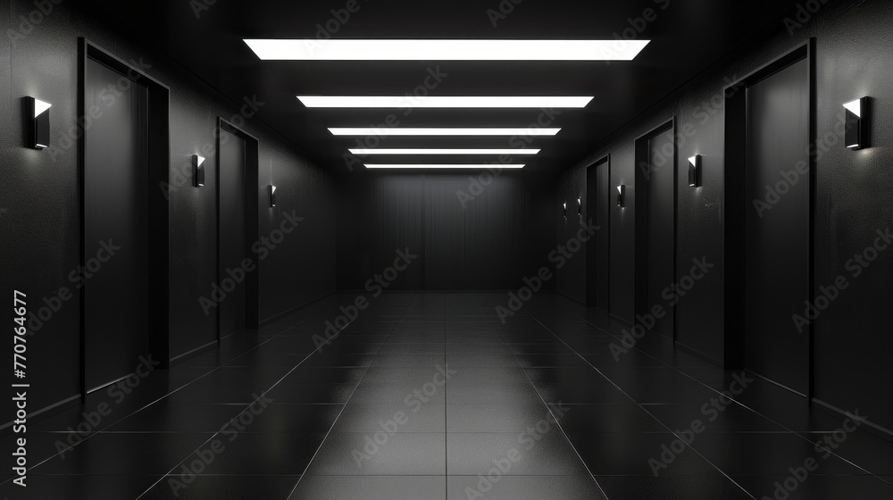 A plain room with black walls and doors. Business hallway. Elevators. Empty dark room with ceiling lights. Interior decor. Modern. Trendy. A plain room with black walls and doors. Business hallway. Elevators. Empty dark room with ceiling lights. Interior decor. Modern. Trendy.