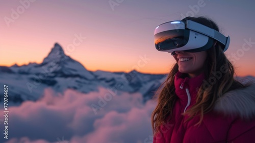 A female is in a virtual fantasy world with snow mountain forest when wearing VR headset. © rabbit75_fot