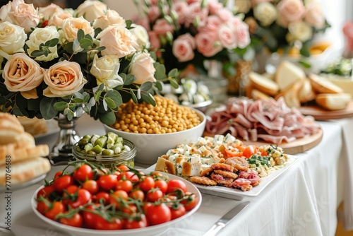 luxurious decoration of white tablecloths with lots of finger food prepared professional advertising food photography