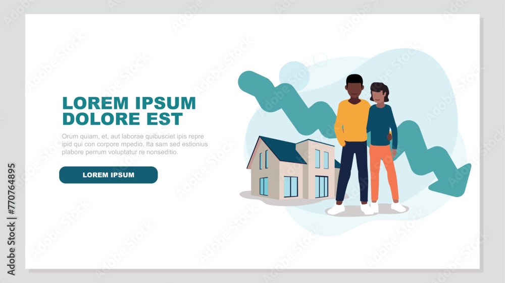 Adobe IlluVektor-Illustration eines Paares, das vor seinem Haus steht, mit einer abfallenden Börsenkurve im Hintergrund - Immobilienkonzeptstrator Artwork Adobe IlluVektor-Illustration eines Paares, das vor seinem Haus steht, mit einer abfallenden Börsenkurve im Hintergrund - Immobilienkonzeptstrator Artwork