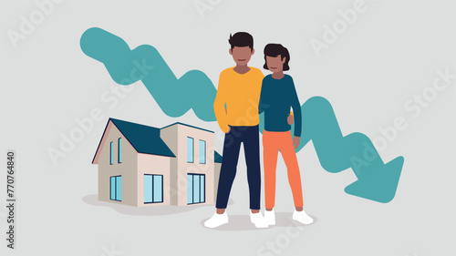 Adobe IlluVektor-Illustration eines Paares, das vor seinem Haus steht, mit einer abfallenden Börsenkurve im Hintergrund - Immobilienkonzeptstrator Artwork