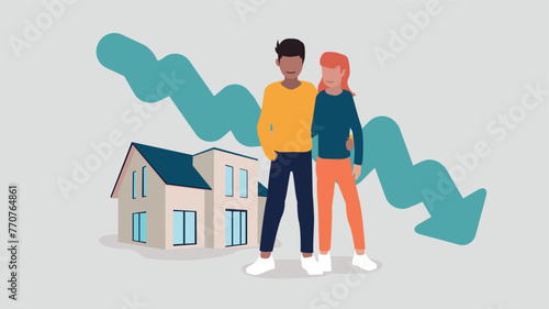 Adobe IlluVektor-Illustration eines Paares, das vor seinem Haus steht, mit einer abfallenden Börsenkurve im Hintergrund - Immobilienkonzeptstrator Artwork