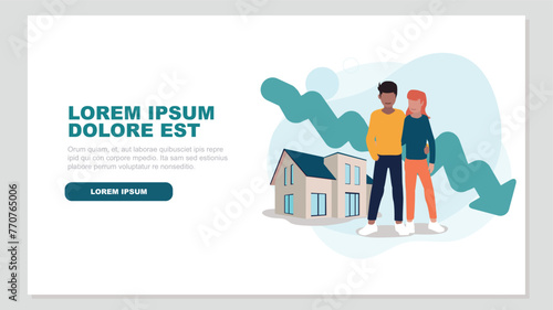 Adobe IlluVektor-Illustration eines Paares, das vor seinem Haus steht, mit einer abfallenden Börsenkurve im Hintergrund - Immobilienkonzeptstrator Artwork