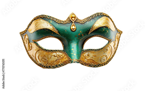 Green and Gold Venetian Mask from the Seventeenth Century Isolated On White Background. Generative Ai