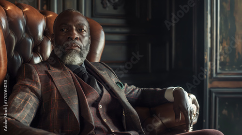 Cinematic photo of an African American man in his late forties with short gray hair and beard, wearing a three piece suit sitting on a leather chair in a dark room with a luxurious interior design photo