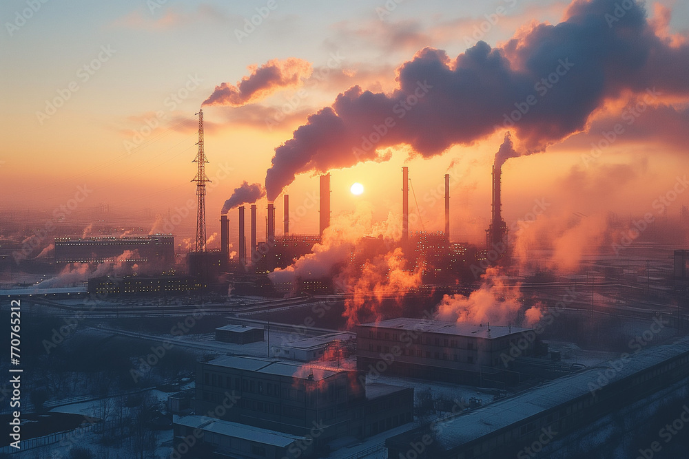 Sunset over an industrial landscape with towering smokestacks releasing plumes of smoke into the atmosphere.