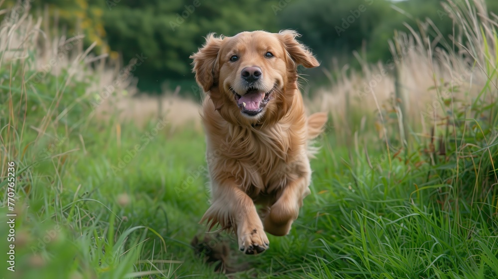 Golden Retriever running in the field of tall grass on a sunny autumn day