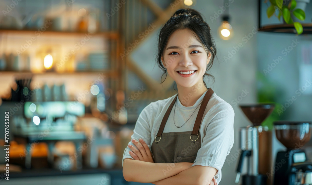 A young, cheerful barista welcomes customers with a bright smile in the warm, inviting atmosphere of a cozy coffee shop.