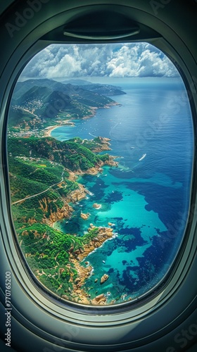 Experience the magic of summer through this high-detailed photograph taken from an airplane window. The view outside features the sea, offering a unique perspective of travel and experience. 