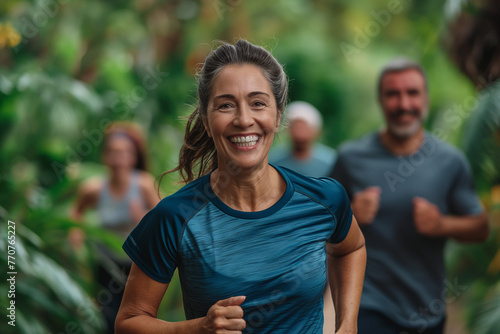 Cheerful mature woman jogging in a park with a group of runners in the background.