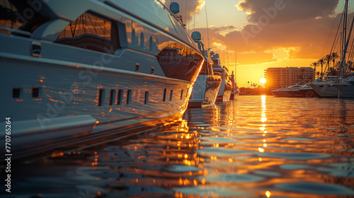 A luxurious yacht club nestled along the pristine shoreline, with sleek sailboats and motor yachts moored at private docks, their gleaming hulls reflecting the golden light of the