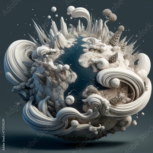 an imaginary low-poly 3D globe with fluid, sinuous shapes, adorned with assets such as trees, rocks, futuristic buildings, cities, oceans, and land masses. Design a captivating #770765291