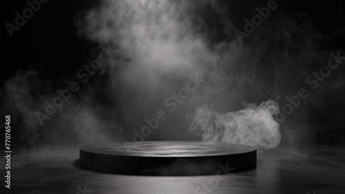 Podium black dark smoke background product platform abstract stage texture fog spotlight. Dark black floor podium dramatic empty night room table concrete wall scene place display studio smoky dust.